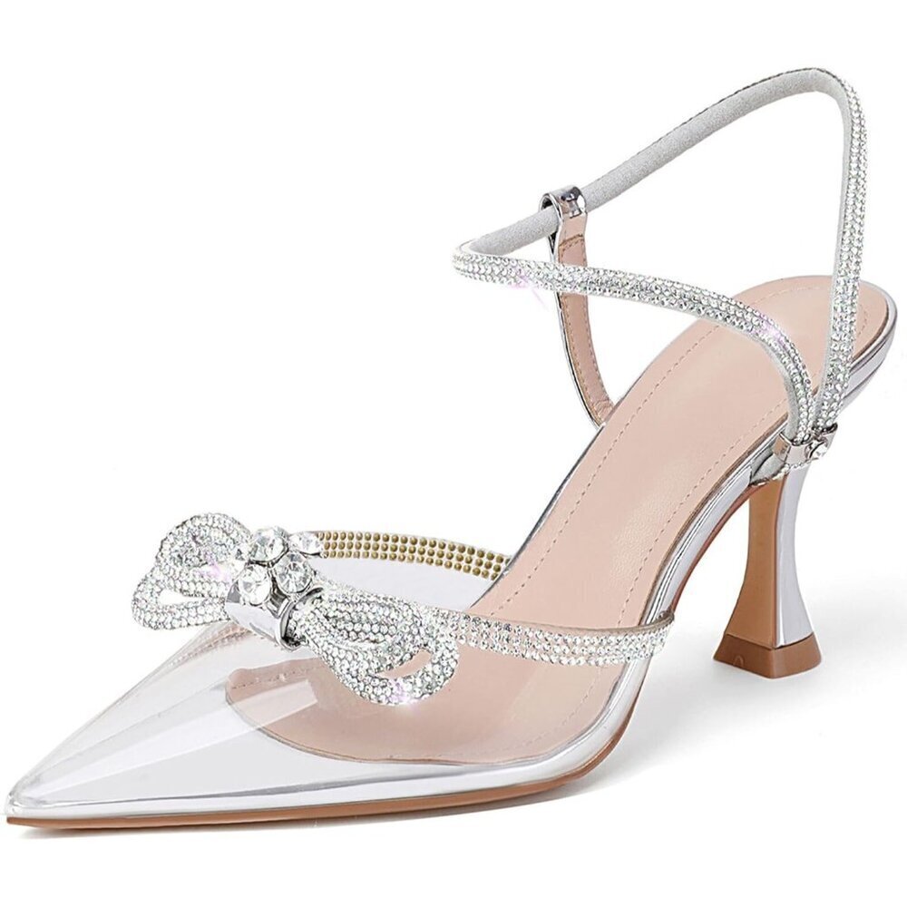 Women's Clear Closed Toe Rhinestone Wedding Low Slingback Clear Kitten Heels
